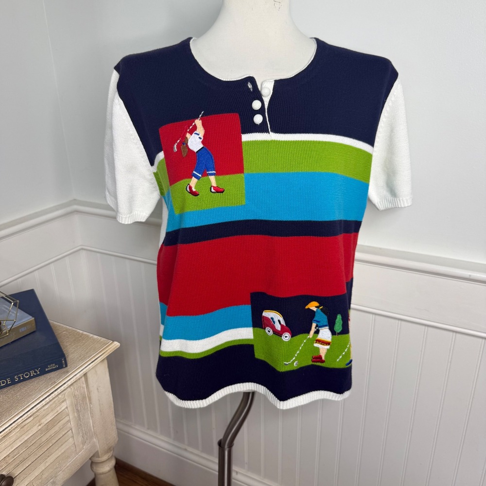 Lisa International Vintage Golf Embroidered Striped Henley Knit Top Navy Multi M